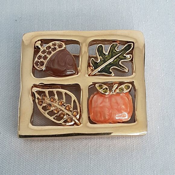 Autumn Brooch Gold Tone Metal Framing Enamel Colored Pumkin Acorn Leaves - Picture 3 of 7